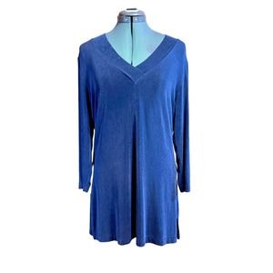 Chico's Travelers Women Sz 2 Large 12 Navy Blue Tunic Top Slinky *Small Flaw